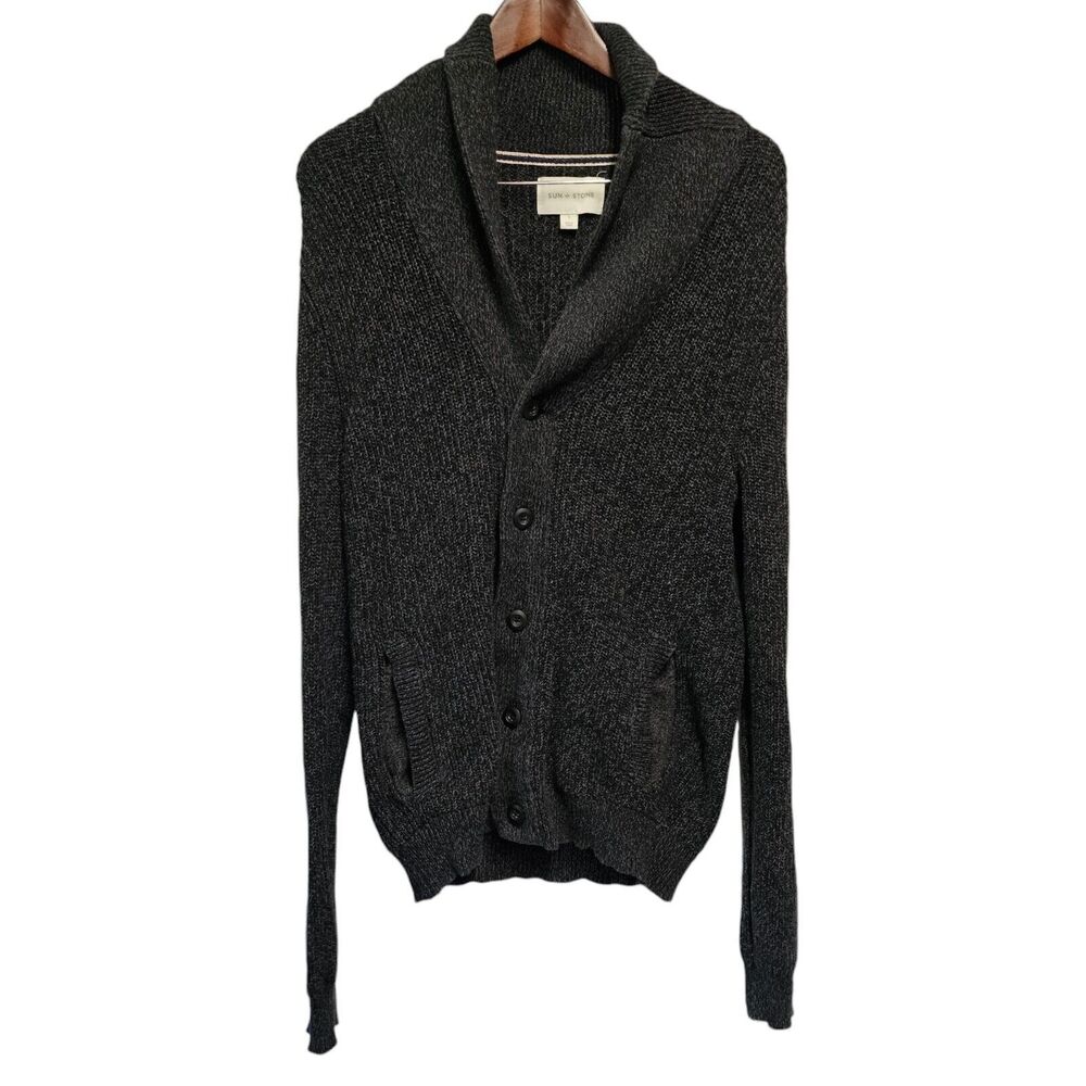 SUN+STONE  Cardigan Sweater SMALL Gray/Black Knit Button Front Long Sleeve‎